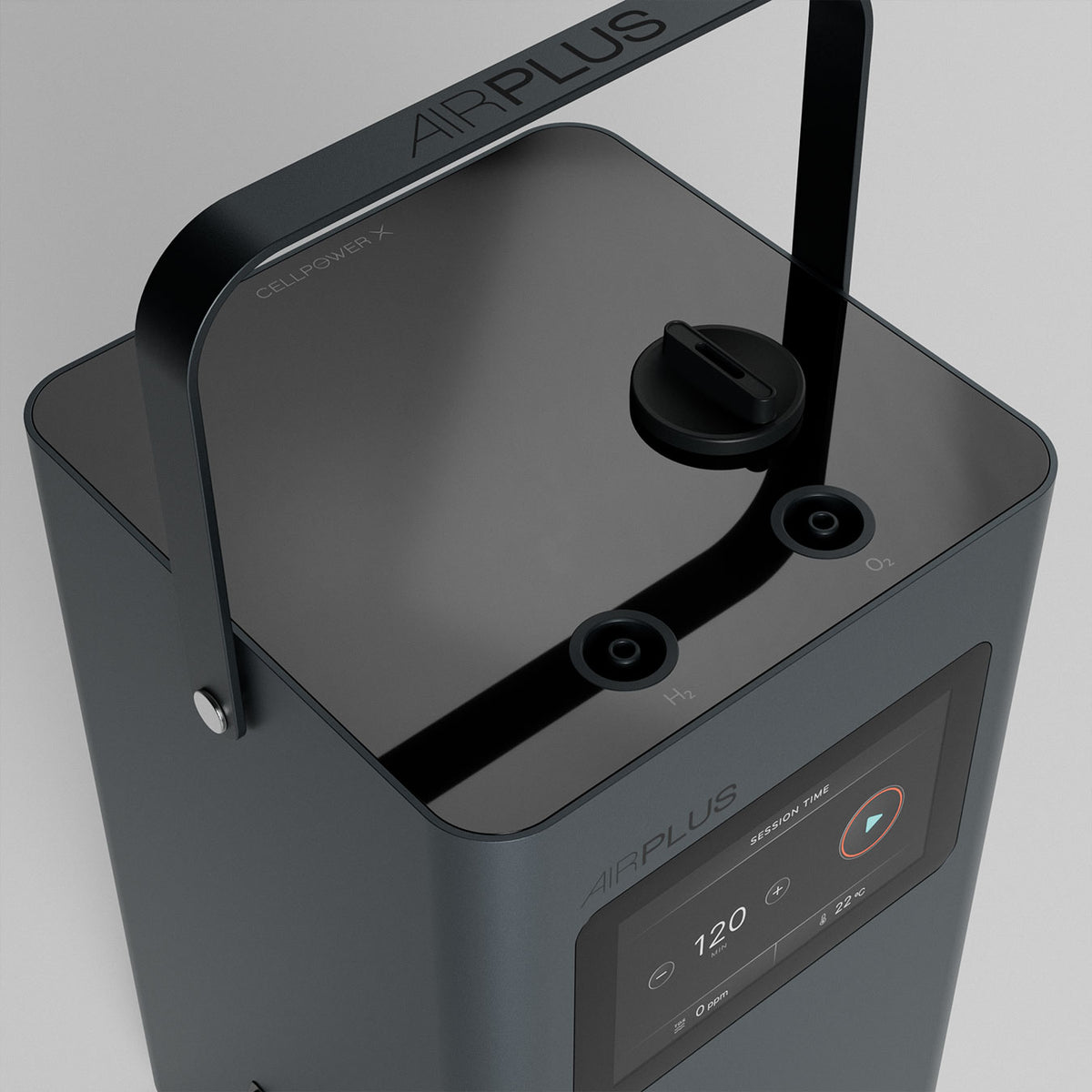 Top of AirPlus with the water tank cap and separate H₂ and O₂ outlets